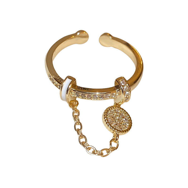 Anillo de borla con cadena redonda de diamante y circonita, chapado en oro real