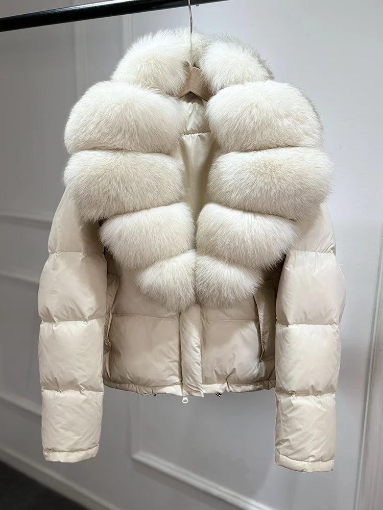 Lagabogy 2025 Abrigo casual cálido de mujer, parka de plumón, abrigo de lujo con cuello de piel de zorro natural, chaqueta de plumón de pato blanco para mujer