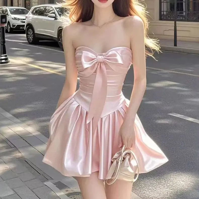 Satin Bow High Waist A-line Mini Strapless Dress
