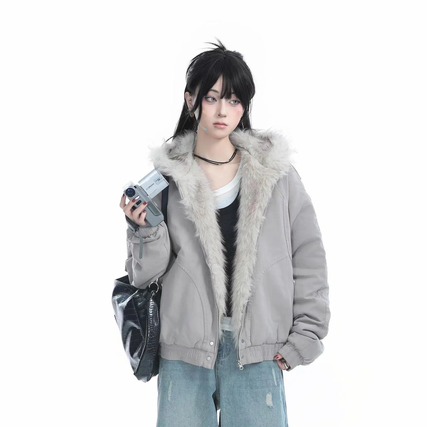 Abrigo Otoño Nuevo Elegante Forro de Piel Holgado Mujer Y2k Cuello de Piel con Capucha Parkas Gruesas de Moda Abrigo Casual Chaquetas Acolchadas de Algodón