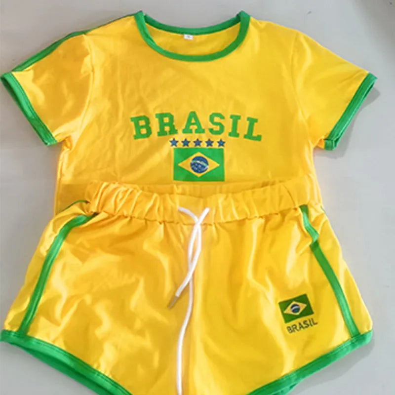 Short Sleeve T-Shirt + Drawstring Shorts Brazil Letter Print Set