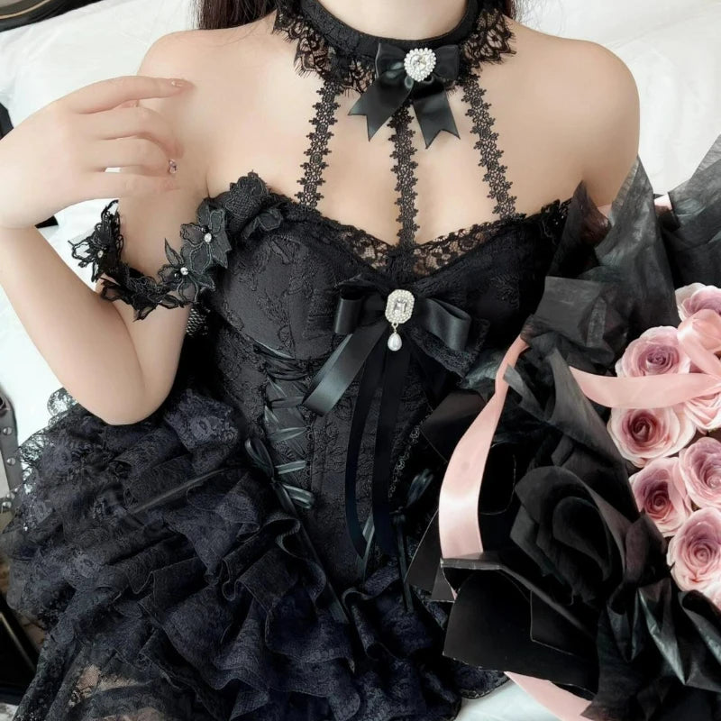 Bow Lace Halter Neck Mini Dress