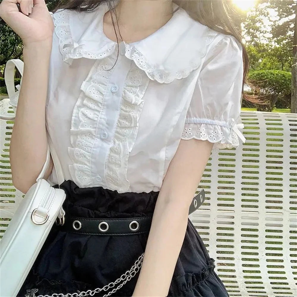 Lace Up Patchwork Ruffles Short Blouse