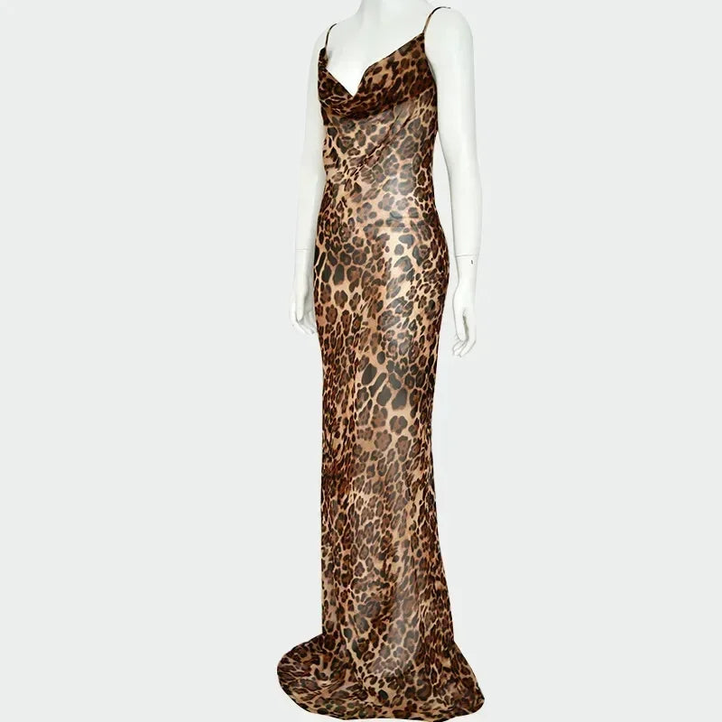 Suninheart Vestido de verano sexy transparente Maxi sin espalda con estampado de leopardo, vestido de playa transparente con cordones, elegante, hasta el suelo, para vacaciones