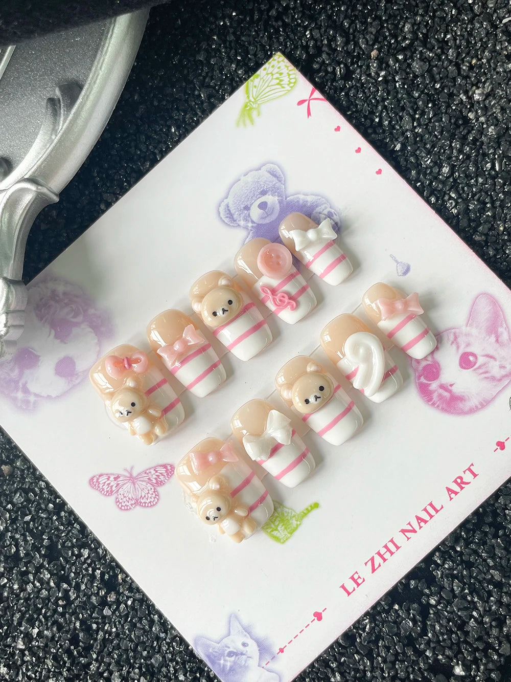 Uñas Postizas Kawaii con Diseño 3D de Oso Cuadradas Cortas