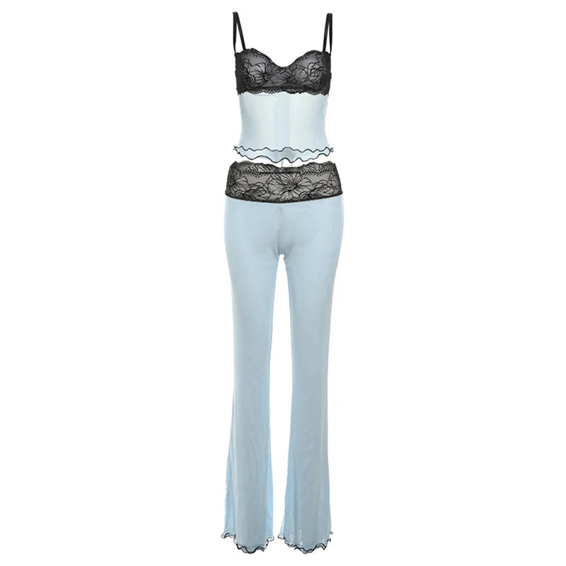 Conjunto de 2 piezas de malla transparente con estampado de leopardo y encaje.