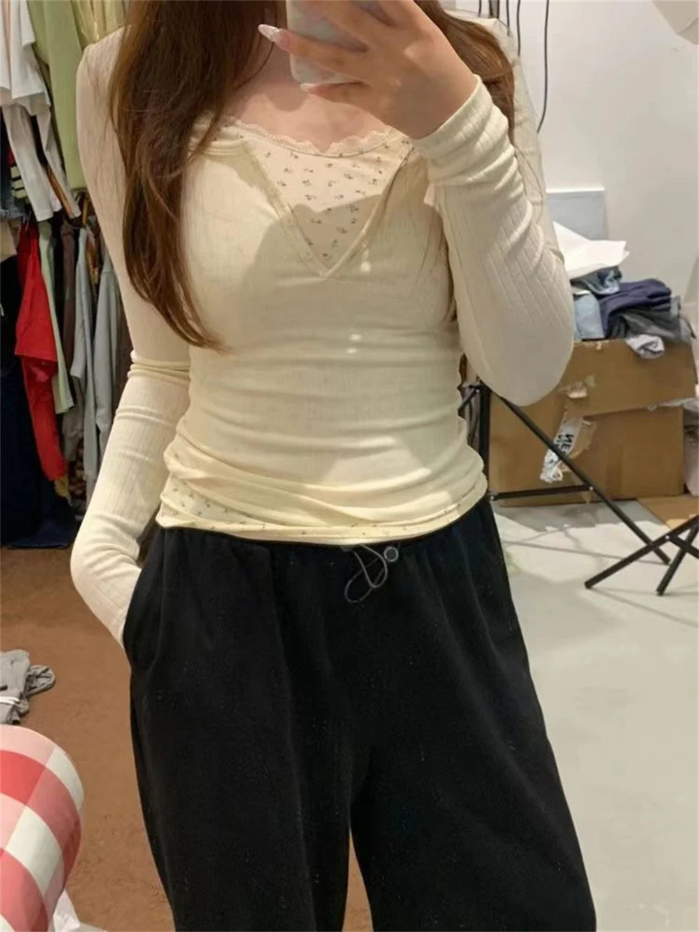 Lace Floral Fake Two Piece Long Sleeve T-shirts