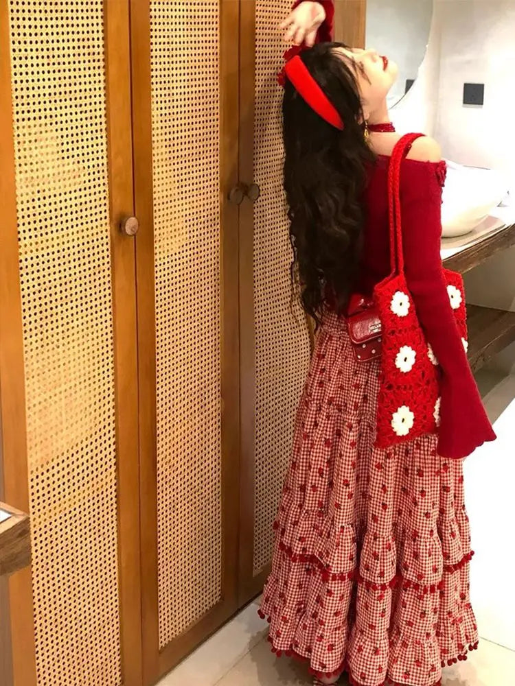 Strawberry Ruffles Plaid Long Skirt