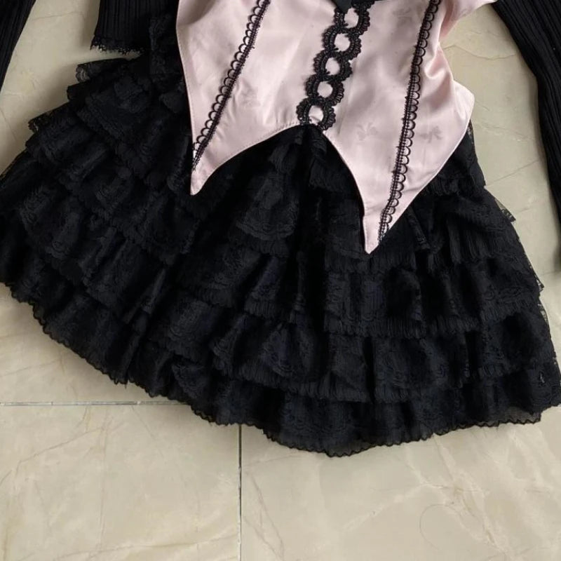 Abrigo con diseño de lazo de encaje + Conjunto de falda chic de tiro alto