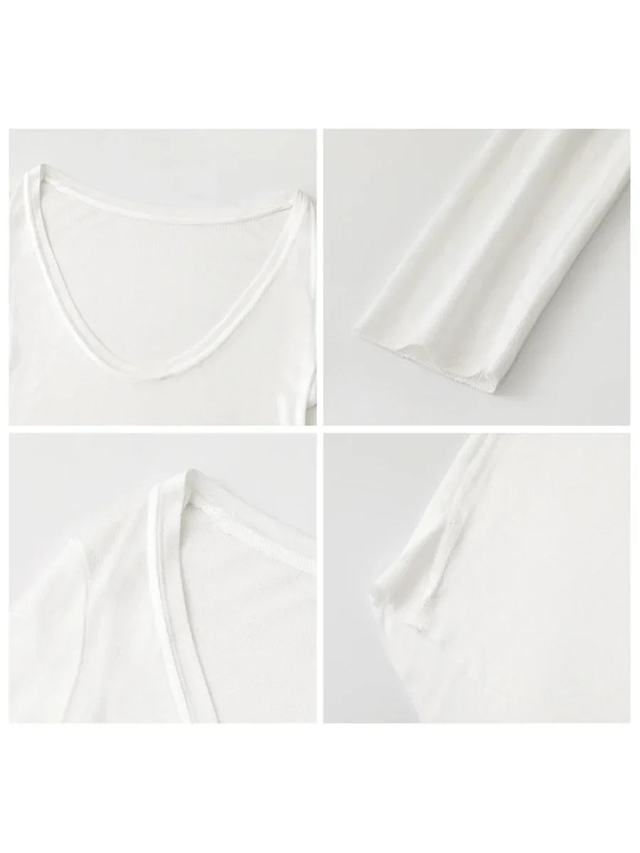 Camiseta de manga larga blanca sólida con cuello en U
