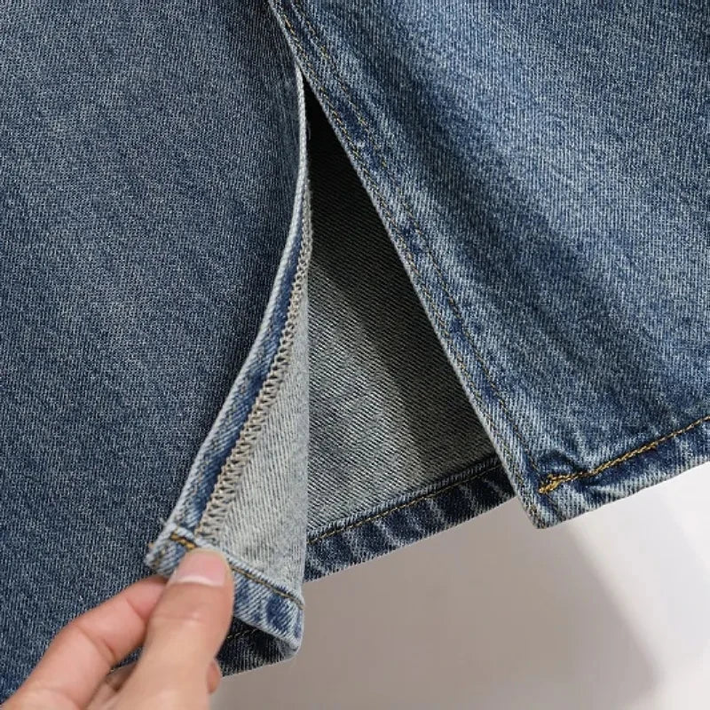 Drawstring Elastic Waist Split Denim Skirt