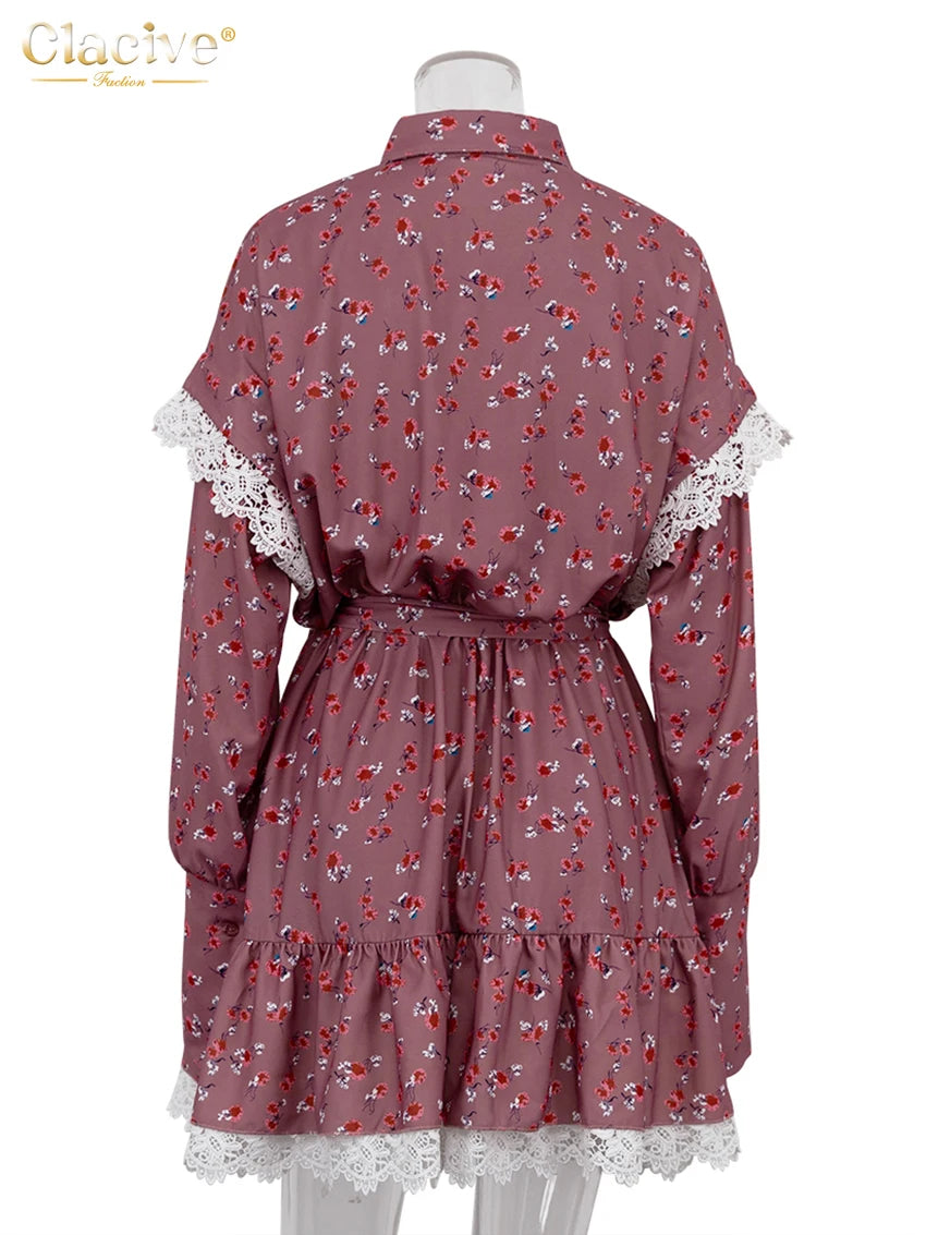 Clacive Vestido holgado con estampado para mujer, elegante vestido de oficina de manga larga con cordones, vestidos casuales con encaje fruncido para mujer
