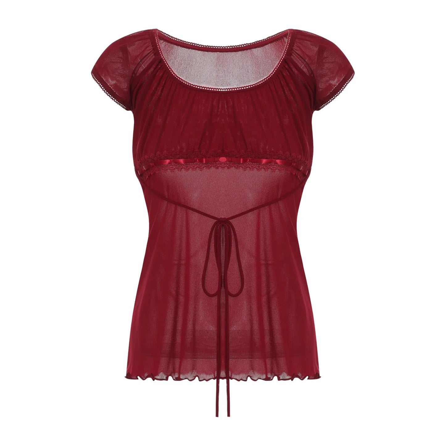 Lace Trim Cap Sleeve Low Cut Shirt