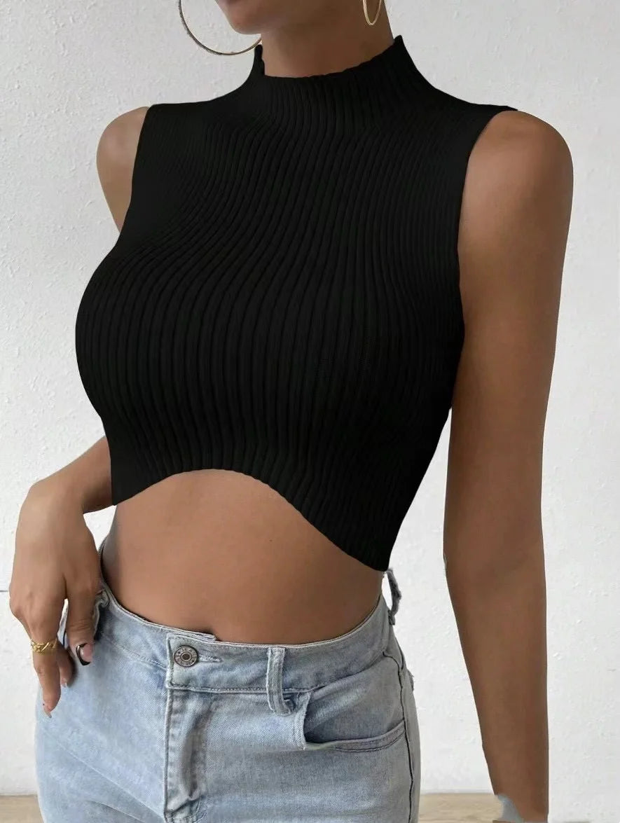 Top de punto acanalado sin mangas con cuello simulado