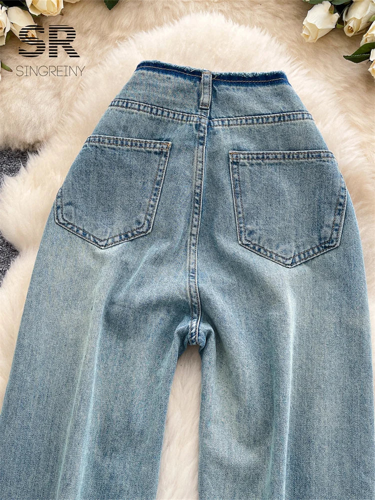 SINGREINY Pantalones vaqueros de moda estilo coreano para otoño de 2025, cintura alta, básicos, empalmados, casuales, pantalones largos, vaqueros lavados vintage sencillos