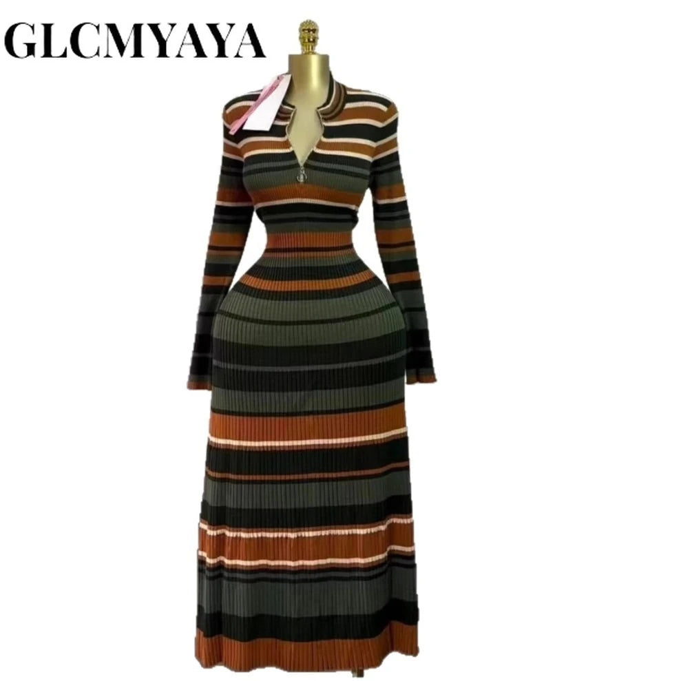 Striped Long Sleeve V-neck Maxi Dress