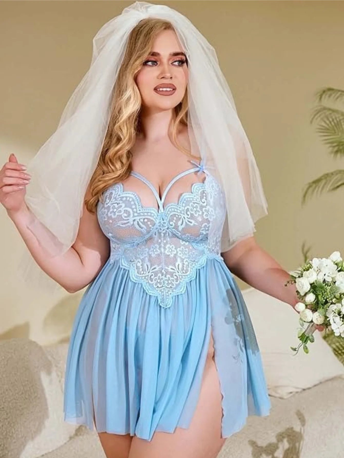 Lencería Babydoll de Tallas Grandes de Encaje para Mujer - Camisón de Malla Transparente con Abertura Lateral y Decoración de Lazo, Vestido de Dormir Sexy