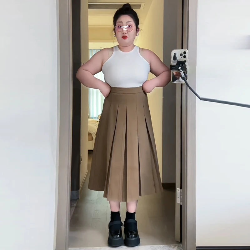 Midi Skirt A-Line Pleated High Waist