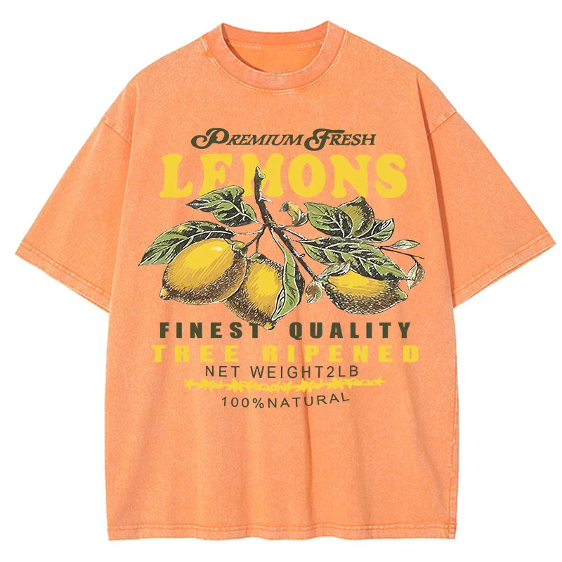 Premium Fresh Lemons Fruit Print Washed T-Shirt