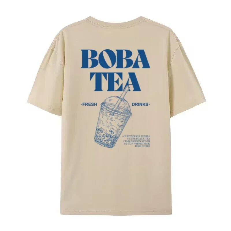 Camiseta con estampado trasero de Boba Tea, camisetas gráficas bonitas de té de burbujas para mujer, camisetas retro estéticas de comida, camisetas unisex sueltas de moda vintage
