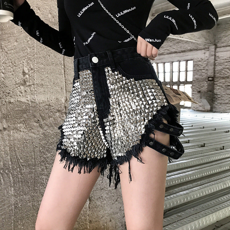 Shorts de mezclilla de talle alto con remaches