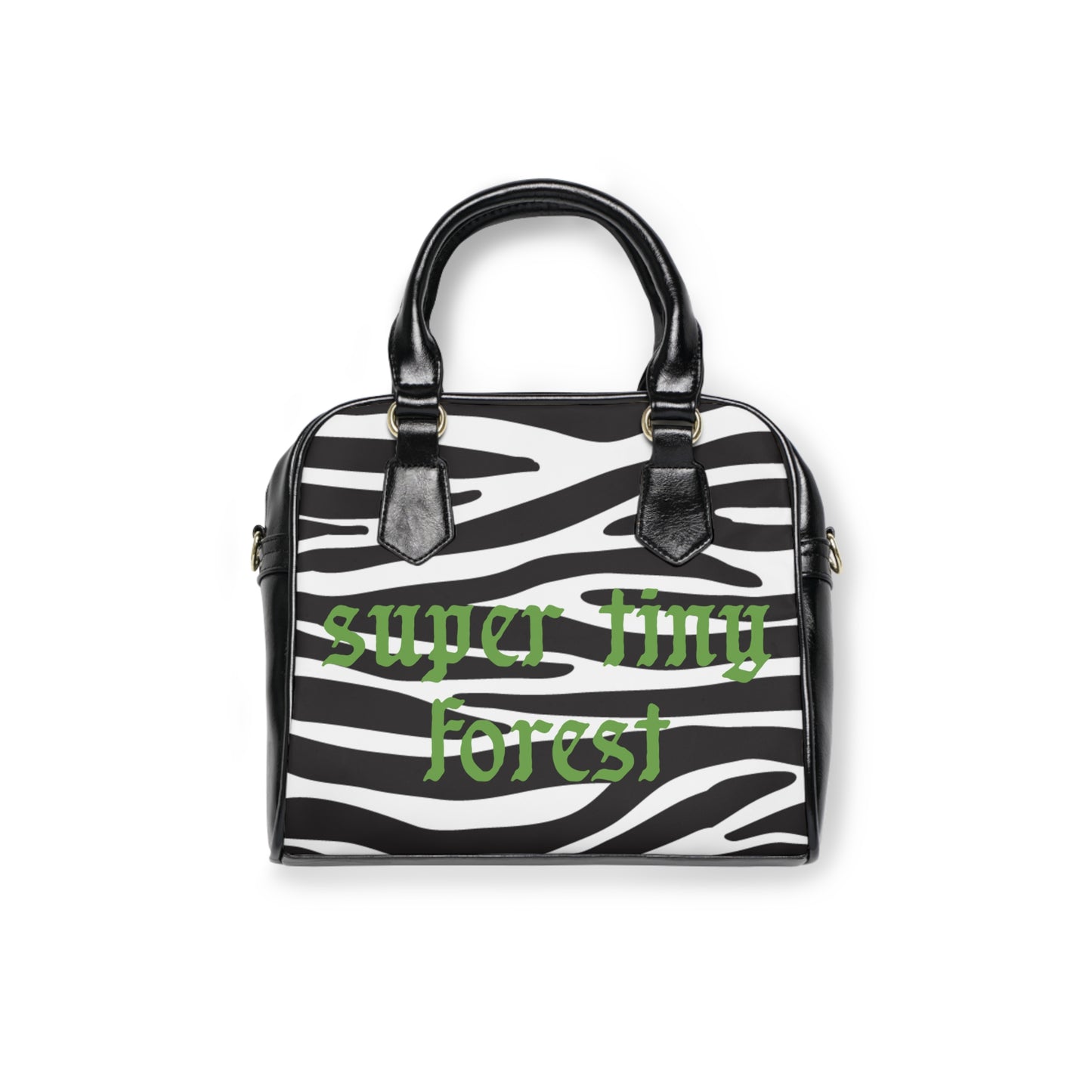 Bolso de hombro con estampado de cebra — Bolso tipo tote con escritura verde "Super Tiny Forest"