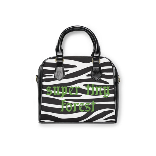 Bolso de hombro con estampado de cebra — Bolso tipo tote con escritura verde "Super Tiny Forest"