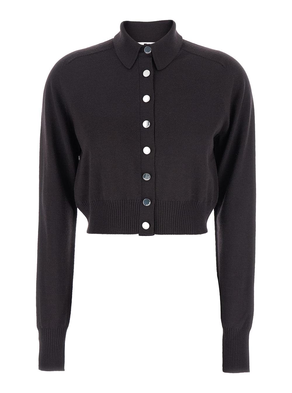 Sportmax Women 'Perseo' Black Cropped Cardigan With Button Down Collar And Ribbed Trims In Wool Woman
