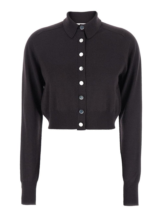 Sportmax Women 'Perseo' Black Cropped Cardigan With Button Down Collar And Ribbed Trims In Wool Woman