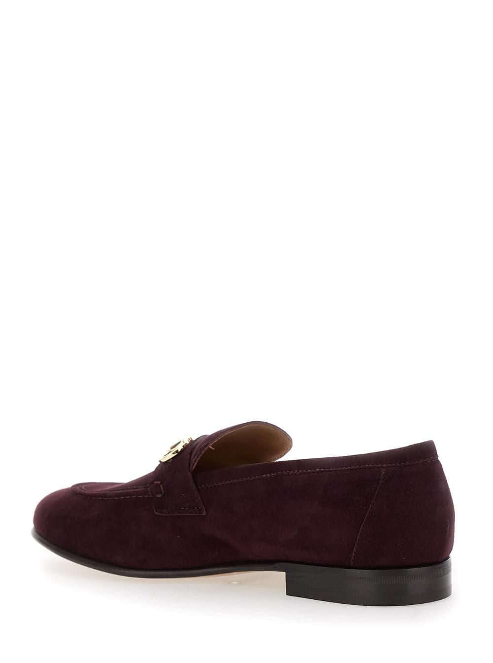 Ferragamo Women Bordeaux Loafers With Gancini Plaque On The Front And Low Heel In Suede Woman
