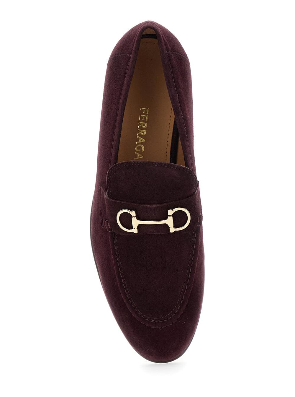 Ferragamo Women Bordeaux Loafers With Gancini Plaque On The Front And Low Heel In Suede Woman