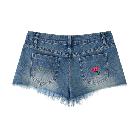 Pantalones cortos de mezclilla con bajo deshilachado y lavado vintage para mujer