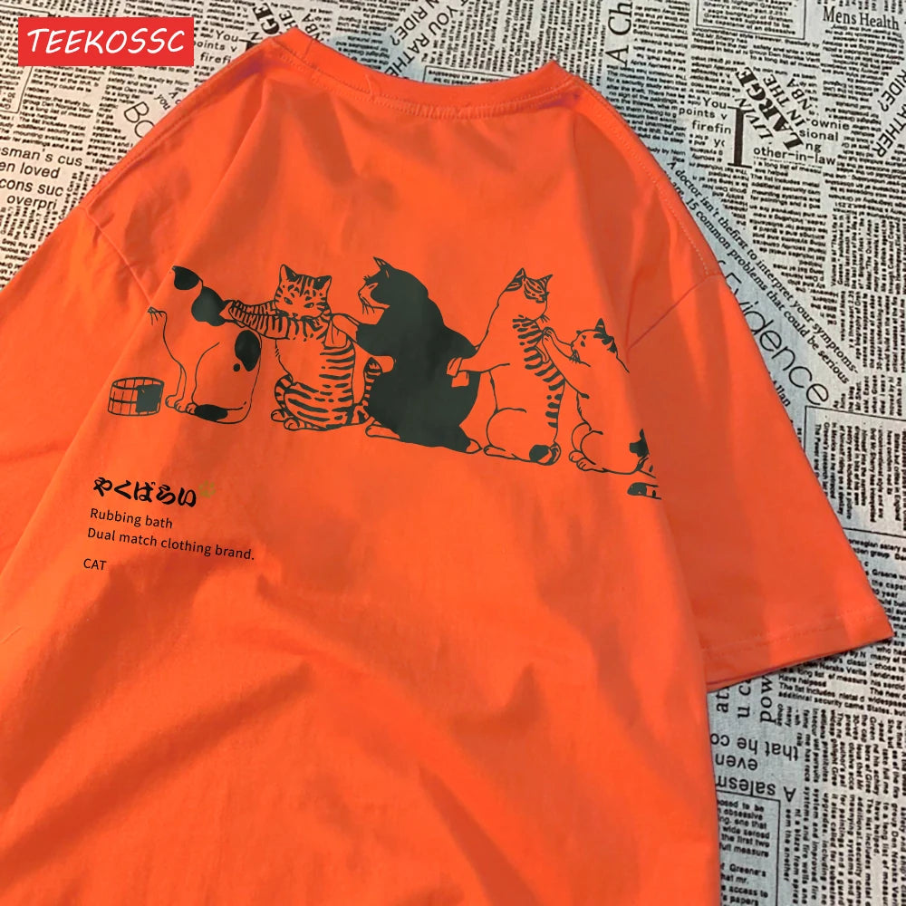 Camiseta de manga corta con estampado de gato de dibujos animados