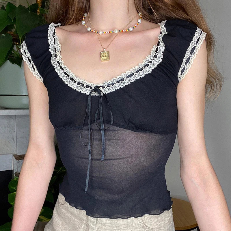 Corsé de malla con cuello redondo y cordones