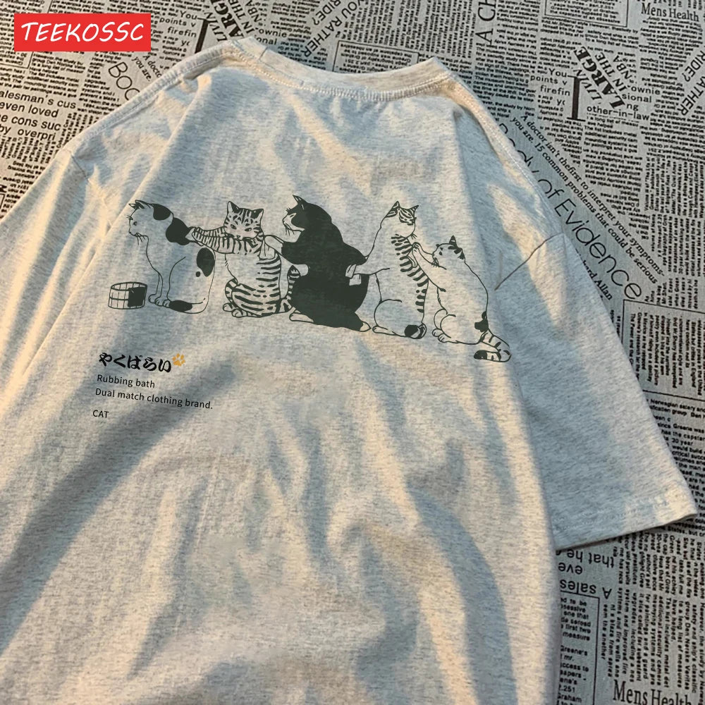 Camiseta de manga corta con estampado de gato de dibujos animados