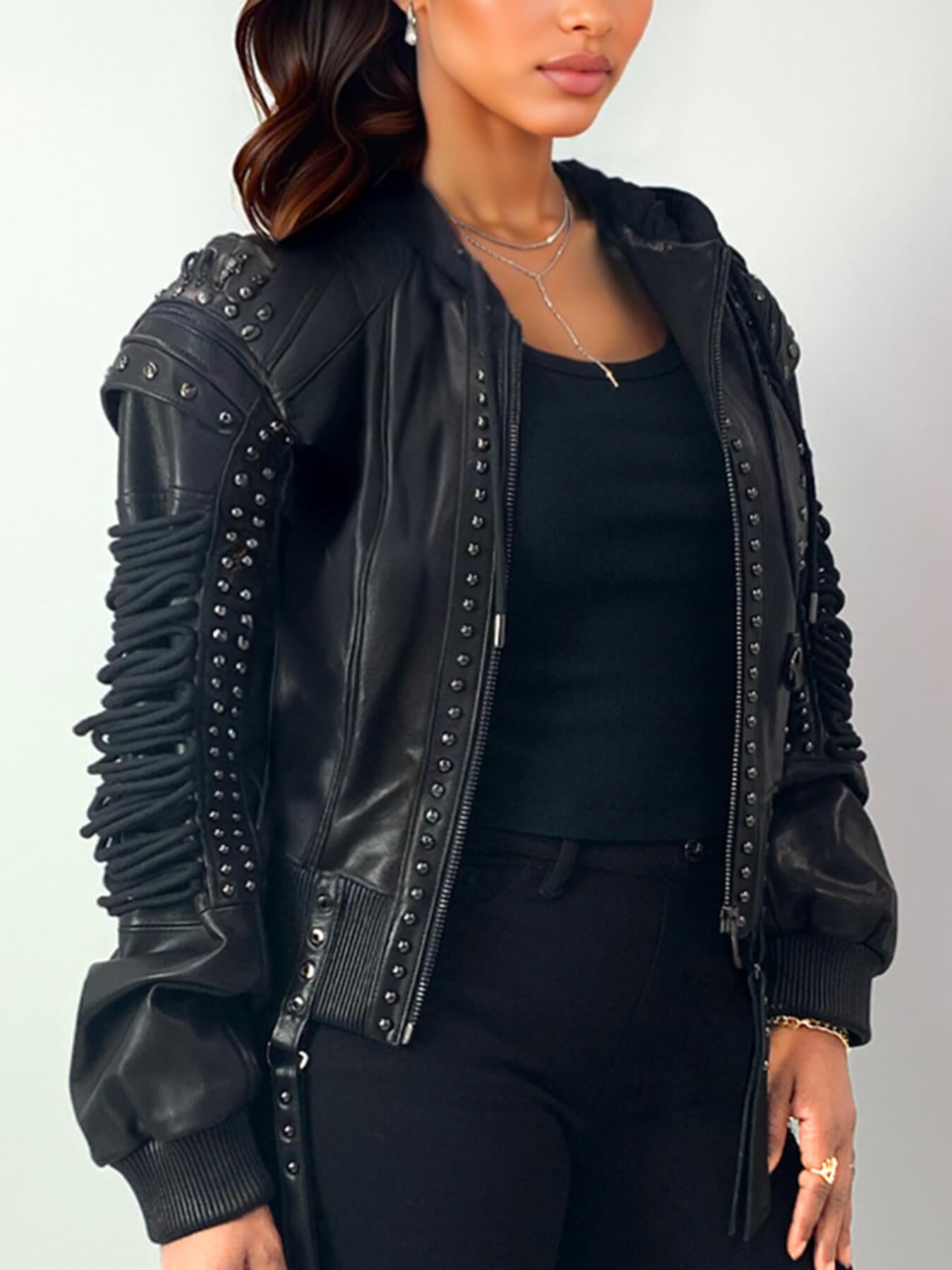 Chaqueta bómber de cuero con cordones