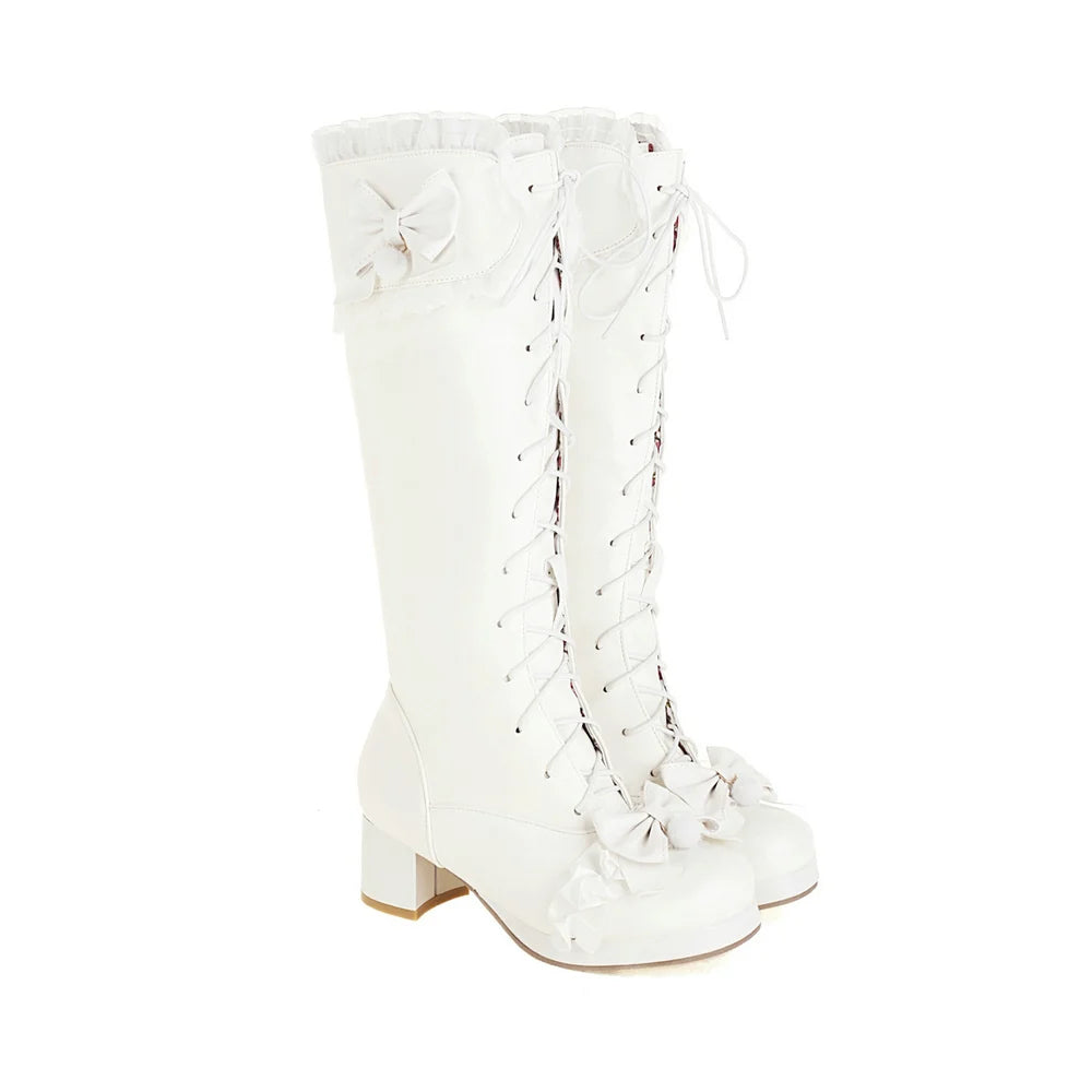 Cross Tied Bow Design Mid Heel Boots