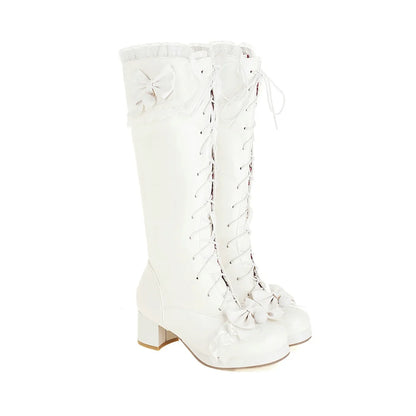 Cross Tied Bow Design Mid Heel Boots