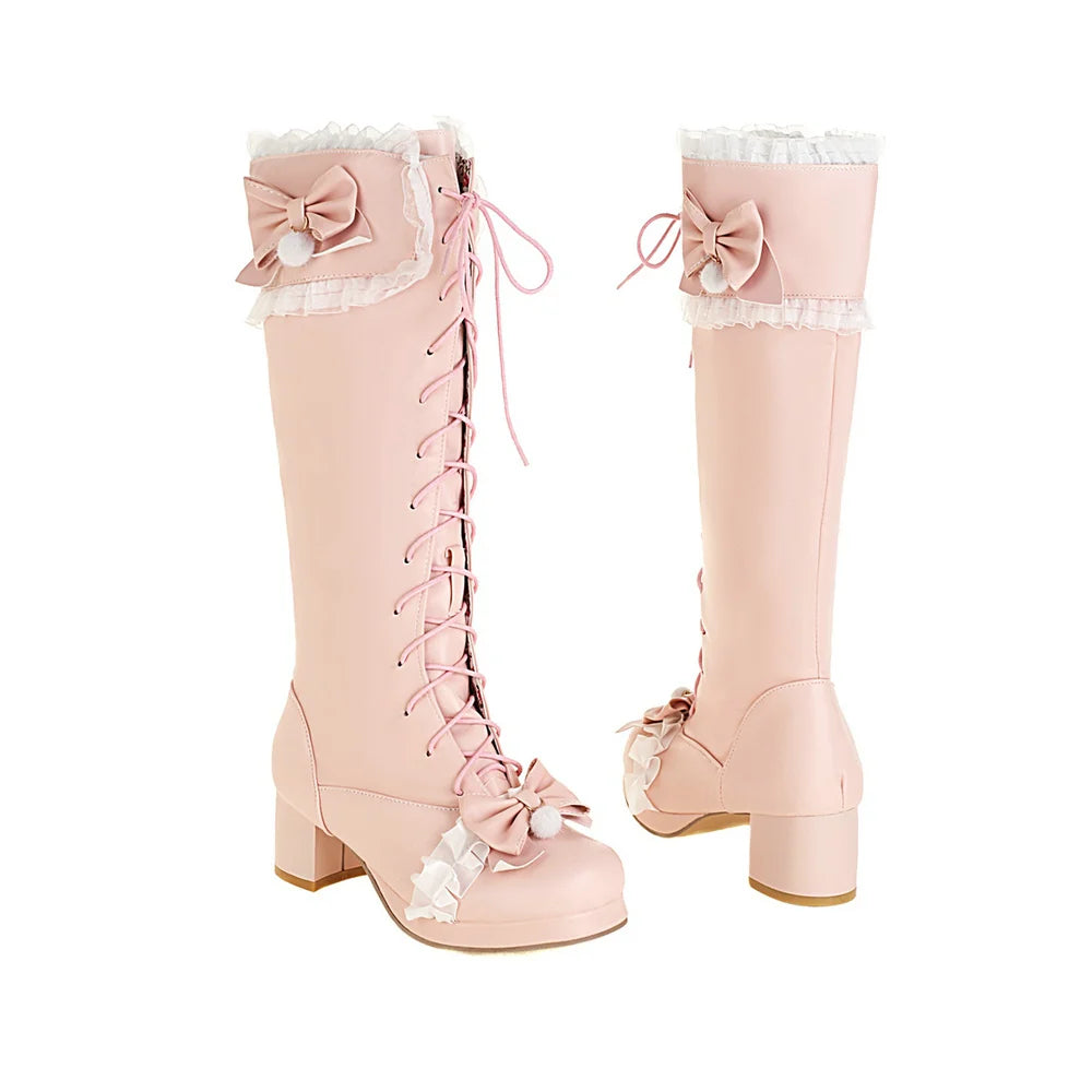 Cross Tied Bow Design Mid Heel Boots