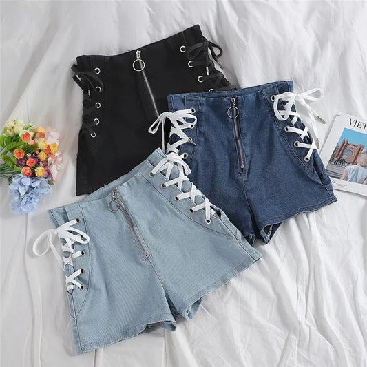 Pantalones cortos vaqueros de tiro alto con cordones