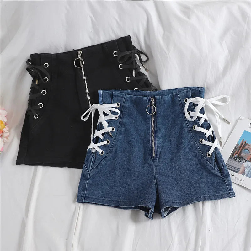 Pantalones cortos vaqueros de tiro alto con cordones