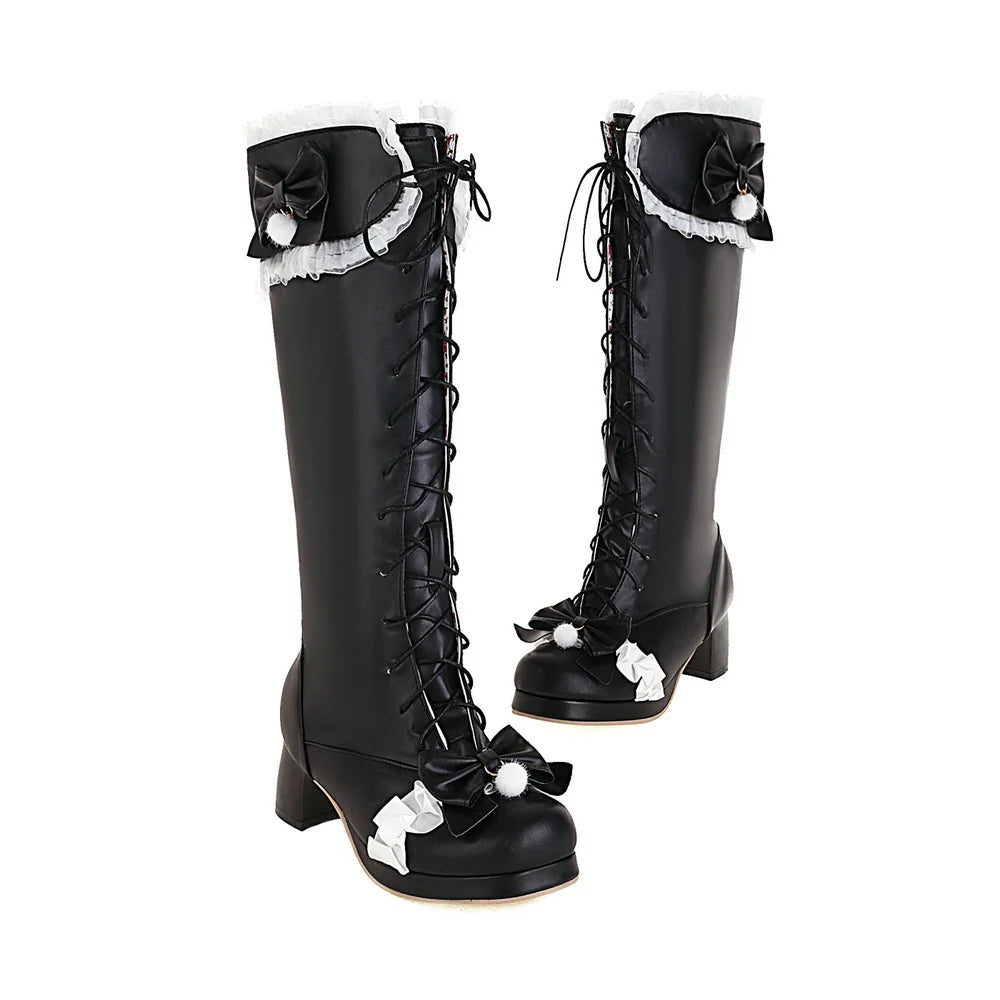 Cross Tied Bow Design Mid Heel Boots