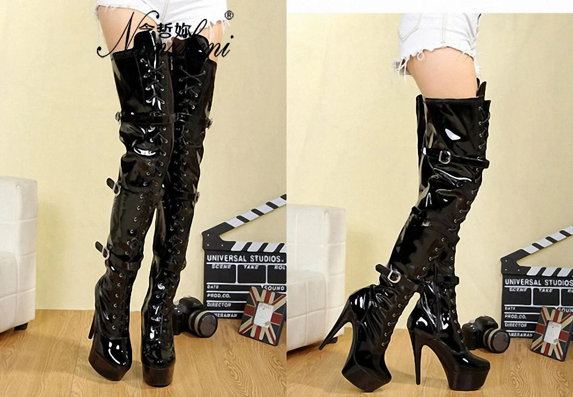 Platform Belt Buckle Patent Leather Round Stiletto Heels