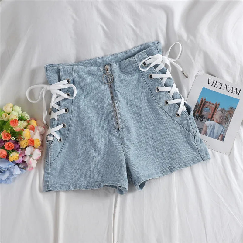 Pantalones cortos vaqueros de tiro alto con cordones
