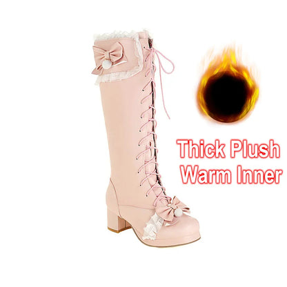 Cross Tied Bow Design Mid Heel Boots