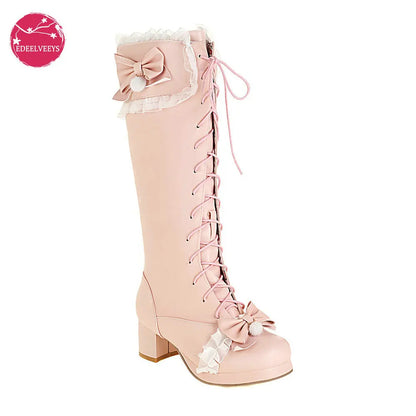 Cross Tied Bow Design Mid Heel Boots