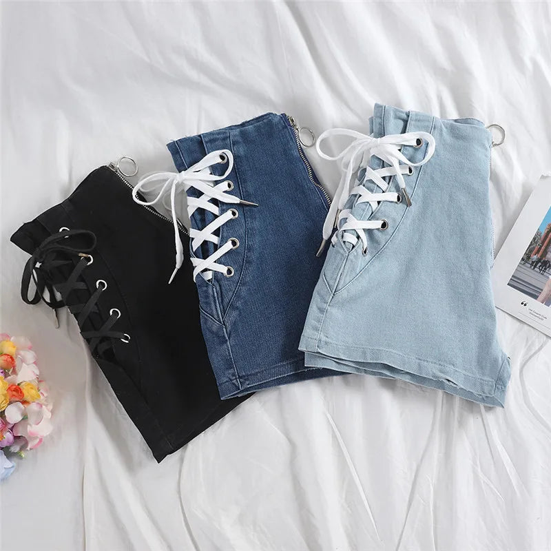 Pantalones cortos vaqueros de tiro alto con cordones