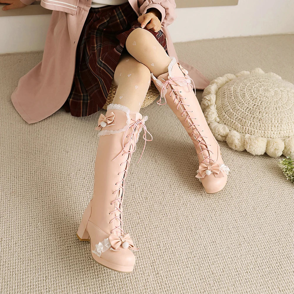 Cross Tied Bow Design Mid Heel Boots