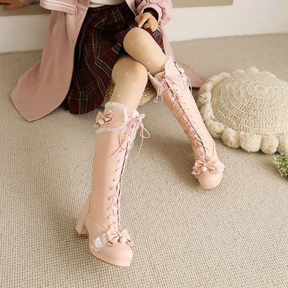Cross Tied Bow Design Mid Heel Boots