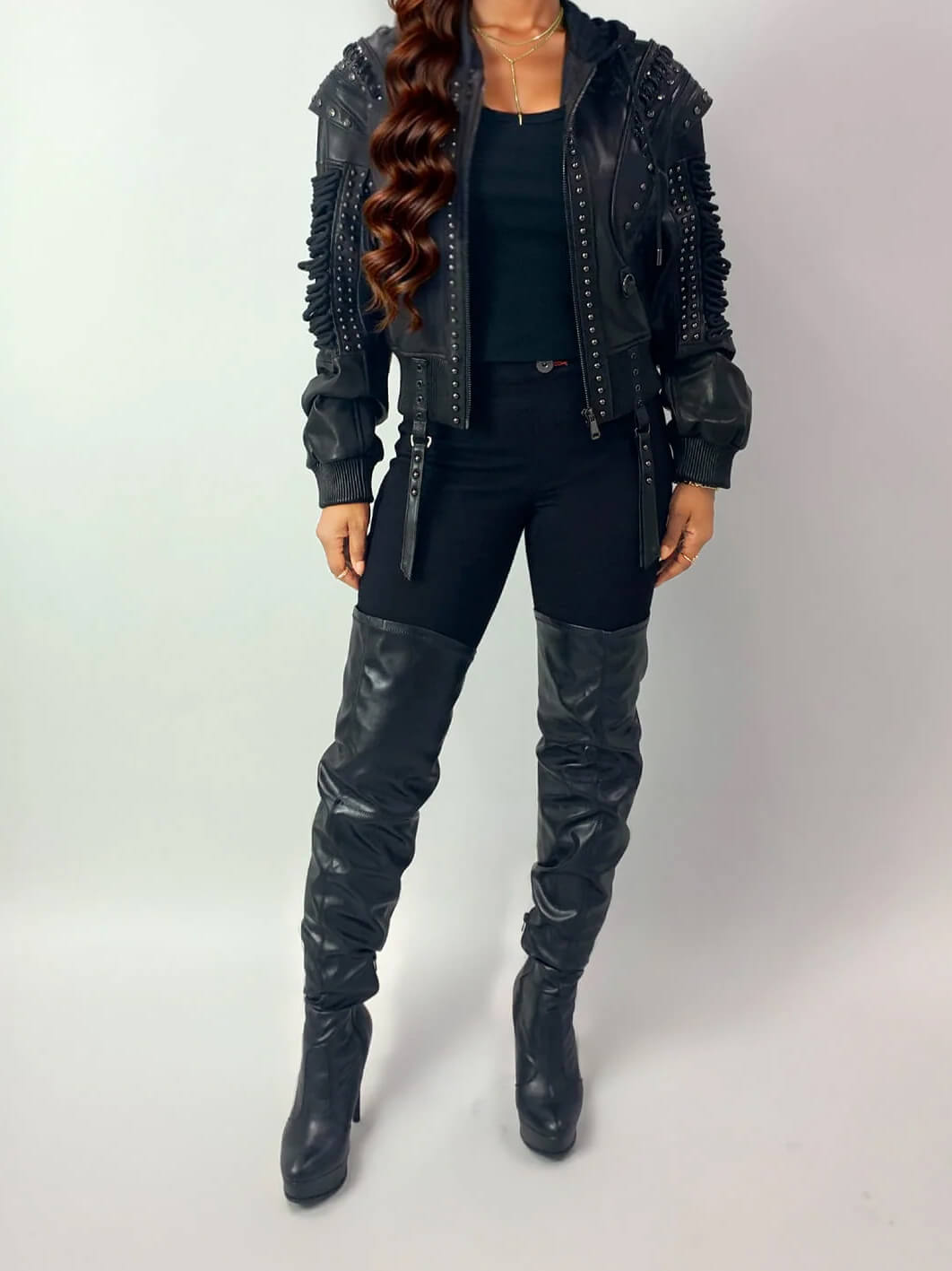 Chaqueta bómber de cuero con cordones